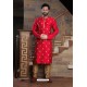 Red Readymade Slub Silk Designer Kurta Pajama For Men