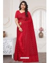Red Party Wear Designer Embroidered Sari