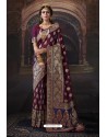 Deep Wine Heavy Embroidered Classic Designer Banarasi Silk Sari