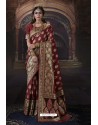 Maroon Heavy Embroidered Classic Designer Banarasi Silk Sari