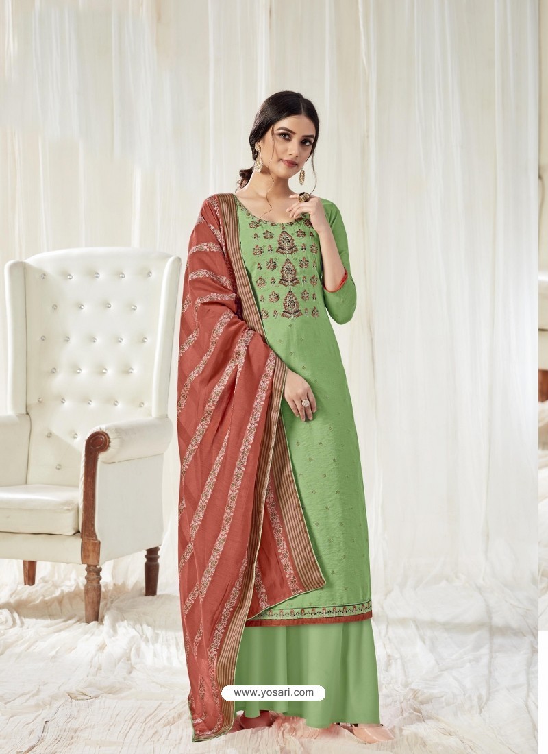 Buy Green Designer Pure Dola Cotton Party Wear Palazzo Salwar Suit ...