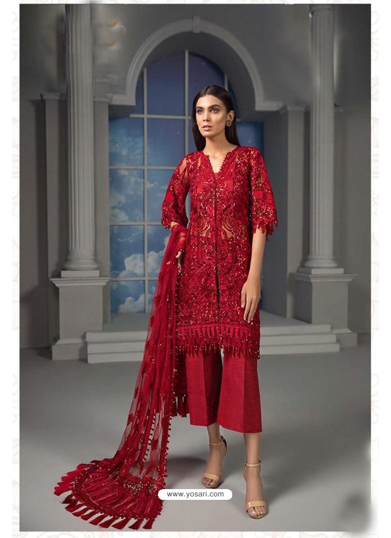 Red Designer Pakistani Embroidered Pant Style Suit