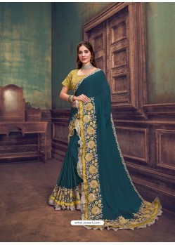 Teal Blue Heavy Embroidered Classic Designer Silk Georgette Sari