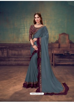 Grey Heavy Embroidered Classic Designer Silk Georgette Sari