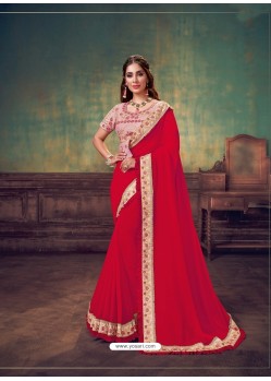 Red Heavy Embroidered Classic Designer Silk Georgette Sari