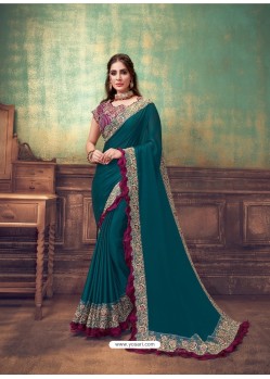 Teal Heavy Embroidered Classic Designer Silk Georgette Sari