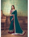 Teal Heavy Embroidered Classic Designer Silk Georgette Sari