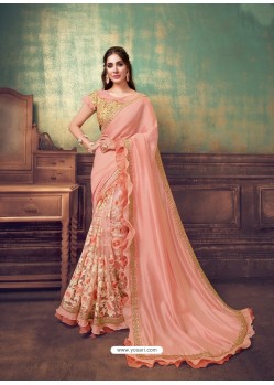 Light Orange Heavy Embroidered Classic Designer Silk Georgette Sari