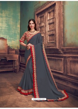 Dark Grey Heavy Embroidered Classic Designer Silk Georgette Sari