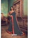 Dark Grey Heavy Embroidered Classic Designer Silk Georgette Sari