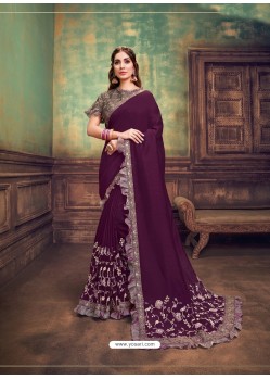 Deep Wine Heavy Embroidered Classic Designer Silk Georgette Sari