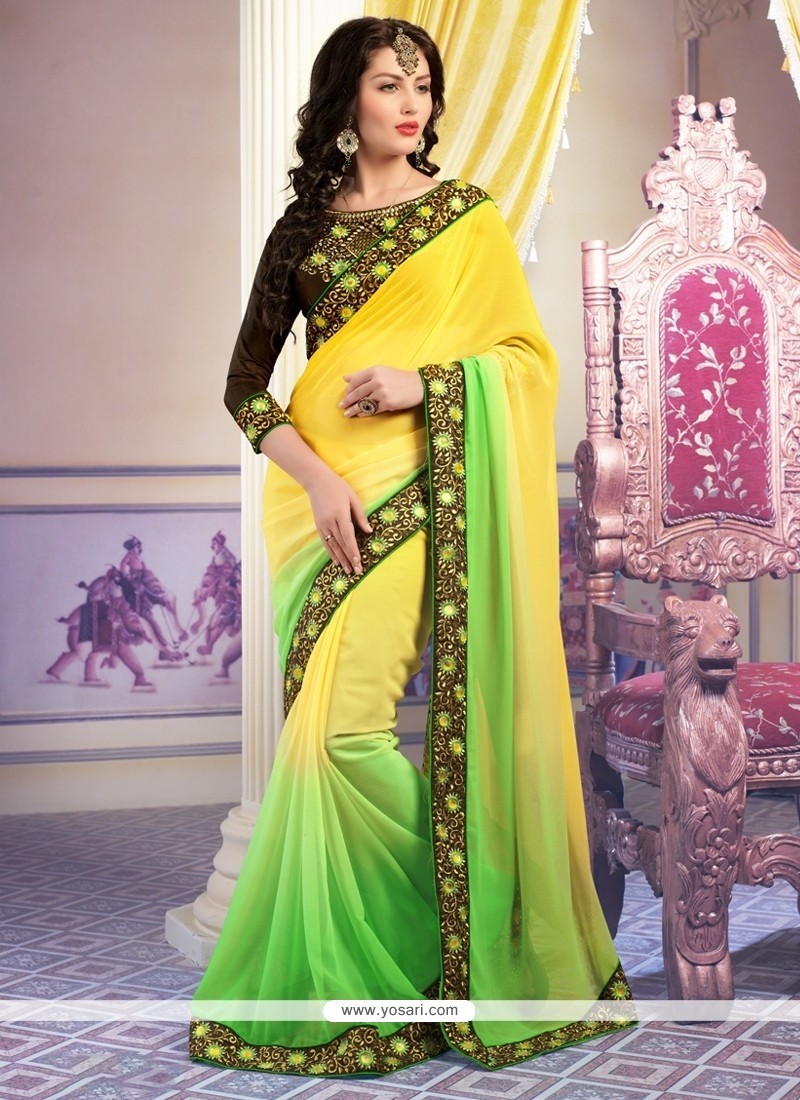 Phenomenal Embroidered Work Green And Yellow Georgette Designer Saree