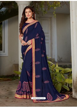 Navy Blue Latest Party Wear Designer Embroidered Sari