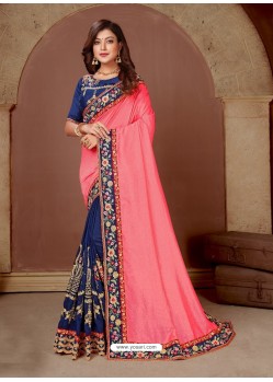 Dark Blue Latest Party Wear Designer Embroidered Sari