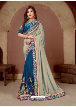 Teal Blue Latest Party Wear Designer Embroidered Sari