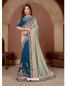 Teal Blue Latest Party Wear Designer Embroidered Sari