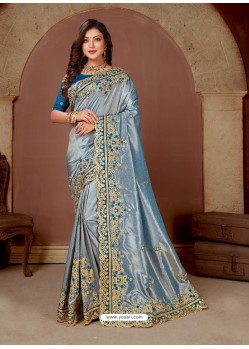 Blue Latest Party Wear Designer Embroidered Sari