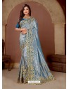 Blue Latest Party Wear Designer Embroidered Sari