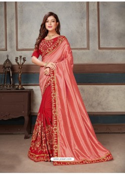 Dark Peach Latest Party Wear Designer Embroidered Sari