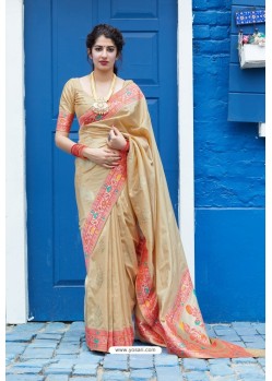 Cream Latest Party Wear Embroidered Soft Silk Sari