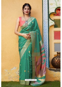 Aqua Mint Latest Party Wear Embroidered Soft Silk Sari