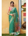 Aqua Mint Latest Party Wear Embroidered Soft Silk Sari