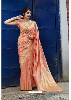 Light Orange Latest Party Wear Embroidered Soft Silk Sari