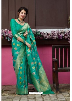 Aqua Mint Latest Party Wear Embroidered Soft Silk Sari