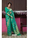 Aqua Mint Latest Party Wear Embroidered Soft Silk Sari