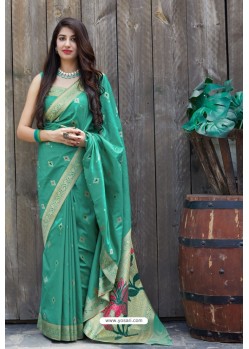 Aqua Mint Latest Party Wear Embroidered Soft Silk Sari