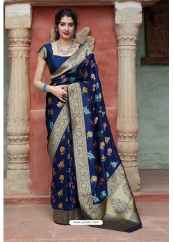 Navy Blue Latest Party Wear Embroidered Soft Silk Sari