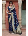 Navy Blue Latest Party Wear Embroidered Soft Silk Sari