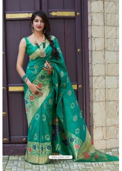 Aqua Mint Latest Party Wear Embroidered Soft Silk Sari