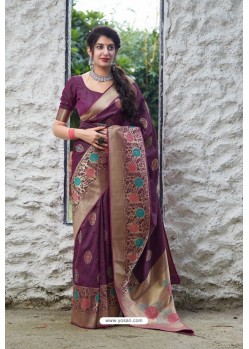 Purple Latest Party Wear Embroidered Soft Silk Sari