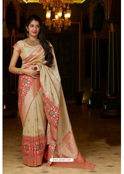 Cream Latest Party Wear Embroidered Soft Silk Sari