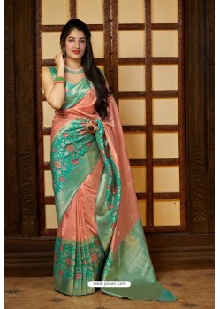 Peach Latest Party Wear Embroidered Soft Silk Sari