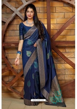 Dark Blue Latest Party Wear Embroidered Soft Silk Sari