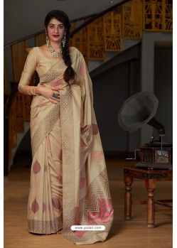 Light Beige Latest Party Wear Embroidered Soft Silk Sari