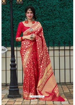 Red Latest Party Wear Embroidered Soft Silk Sari