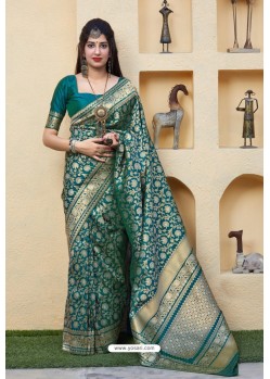 Teal Latest Party Wear Embroidered Soft Silk Sari