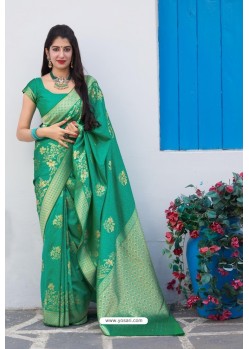 Jade Green Latest Party Wear Embroidered Soft Silk Sari