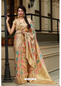 Cream Latest Party Wear Embroidered Soft Silk Sari