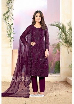 Deep Wine Designer Embroidered Net Straight Salwar Suit