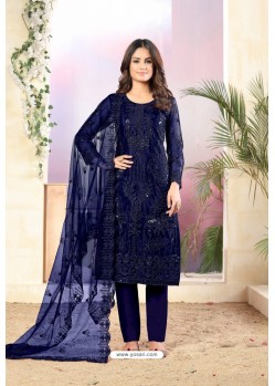 Navy Blue Designer Embroidered Net Straight Salwar Suit