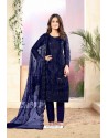 Navy Blue Designer Embroidered Net Straight Salwar Suit