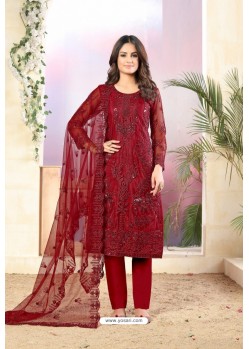 Maroon Designer Embroidered Net Straight Salwar Suit