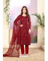 Maroon Designer Embroidered Net Straight Salwar Suit