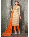 Intrinsic Lace Work Beige And Orange Chanderi Churidar Designer Suit