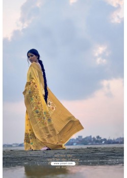 Yellow Designer Party Wear Pure Linen Silk Sari