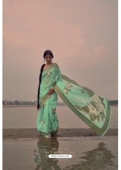 Sea Green Designer Party Wear Pure Linen Silk Sari